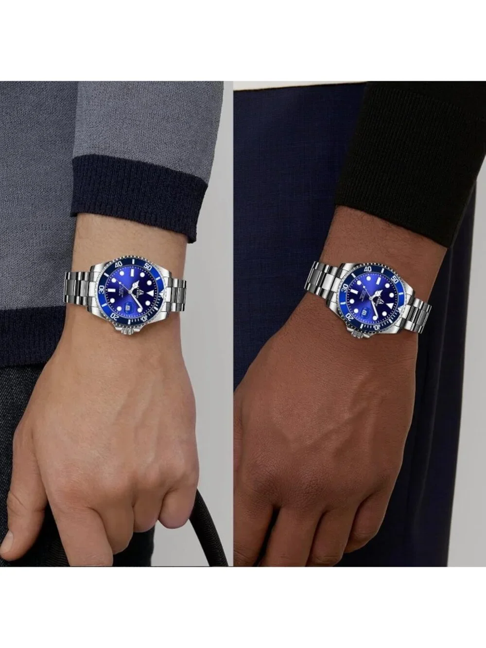 Men's Silver Blue Stainless Steel Analog Quartz Waterproof Luminous Wrist Watch